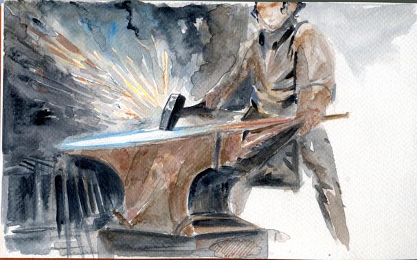 watercolor sketch, blacksmith forging a celestial spear.