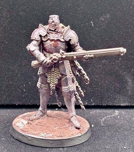 A hell knight in dirty purple-tinted metallic armor and carrying an ophidian rifle.