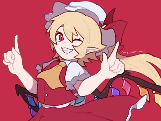 Flandre Scarlet from Touhou Project is winking and grinning at you, and pointing both of her index fingers up.