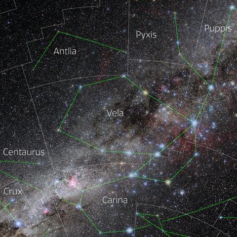 Foto van het sterrenbeeld Vela - Zeilen met annotaties van de IAU en Sky & Telescope.