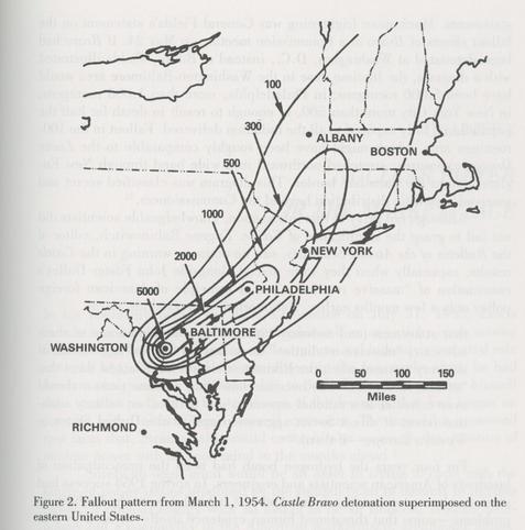 US military superimposing the Bravo fallout cloud on the US eastern seaboard showing deadly fallout would stretch into Canada