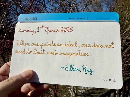 A pen quote of Ellen Kay that reads:
โWhen one paints an ideal, one does not need to limit ones imagination.โ
Written using Kaweco Sunset Orange, Robert Oster Honey Bee & Pelikan Edelstein Apatite.