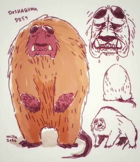Digital doodles of a bear-like monster. Its fur is scruffy and orange, face and paws red and hairless. It has stubby flat horns, good for butting heads with its packmates, and big lower tusks like an ogre.