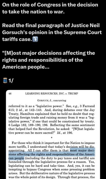 Image shows a text excerpt from a legal document, specifically a concurring opinion written by Justice Neil Gorsuch. The content discusses the role of Congress in decisions affecting the rights and responsibilities of the American people, particularly in relation to tariffs and legislative power