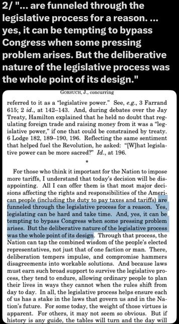 The image displays a text excerpt discussing the importance of the legislative process in governance. It highlights the need for deliberation and the challenges of bypassing Congress when addressing pressing issues, emphasizing that the process is designed to ensure thoughtful decision-making and broad support for
