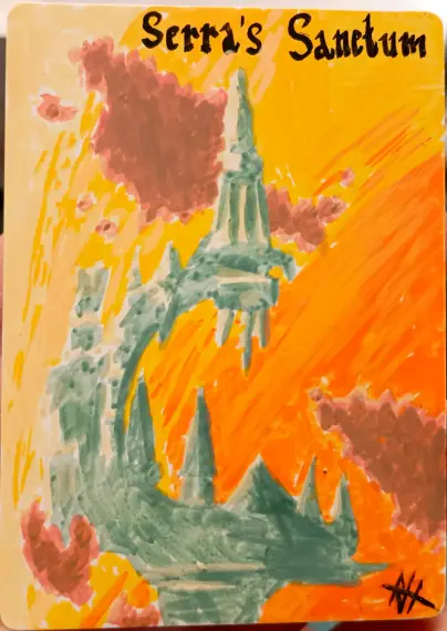 A hand-drawn, textless, full-art proxy of the magic card Serra's Sanctum. The art depicts a floating, bullshit-fantasy-architecture mess of spires and arches (a closeup view of the sane structure as in the original artwork) in front of a sunset-colored sky with a few puffy, backlit clouds.