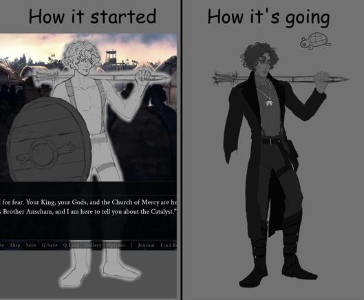 Work in progress, grayscale, 2D digital art for the dark fantasy and horror visual novel Catalyst: Blind Faith. A tall, fluffy-haired, heavily scarred, young priest is shown with a mace and shield. The artist is ironing out stylistic consistency and considerations, so he is shown with varying degrees of lined and lineless painterly semi-realistic art, both pieces missing varying parts of the antihero's gothic gear.