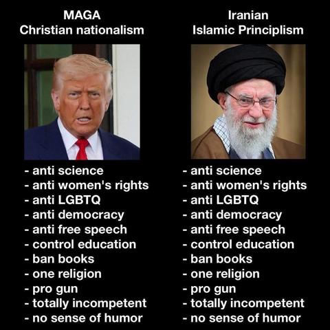 MAGA
Christian nationalism
- anti science
- anti women's rights
- anti LGBTQ
- anti democracy
- anti free speech
- control education
- ban books
- one religion
- pro gun
- totally incompetent
- no sense of humor
Iranian
Islamic Principlism
- anti science
- anti women's rights
- anti LGBTQ
- anti democracy
- anti free speech
- control education
- ban books
- one religion
- pro gun
- totally incompetent
- no sense of humor