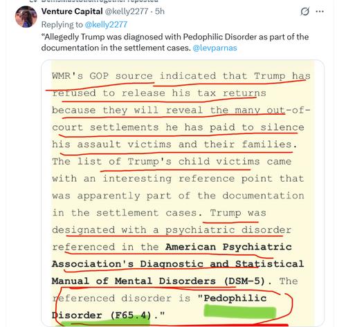 Venture Capital @kelLy2277 • 5h
Replying to @kelly2277
"Allegedly Trump was diagnosed with Pedophilic Disorder as part of the
documentation in the settlement cases. @levparnas
WMR's GOP source indicated that Trump has
used to release his tax returns
because they will reveal the man v out—of—
court settlements he has paid to silence
his assault victims and their families.
The list of Trump's child victims came
with an interesting reference point that
was apparently part of the documentation
in the settlement cases. Trump was
designated with a psychiatric disorder
referenced in the American Psychiatric
Association' s Diagnostic and Statistical
Manual of Mental Disorders (DSM—5) .
The referenced disorder is
" Pedophilic Disorder F65 .
