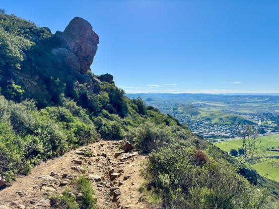 A dirt trail with a lot of smaller rocks winds along the steep side of Cerro San Luis mountain. To the left, there is a large boulder on the side of the mountain that stands out. There is green vegetation on the mountainside, and below we see a green field of grass and the city of San Luis Obispo in the distance. The sky is bright blue.