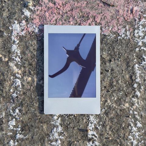 Instant photo of a break of a baby carriage on pavement with sidewalk chalk.