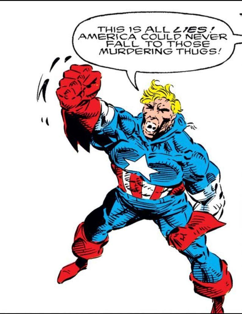 All white background. Head to toe image of an unmasked Captain America, He's angry. His right fits shakes in the air as he looks upward and says, "This is all LIES! America could never fall to those murding thugs!"