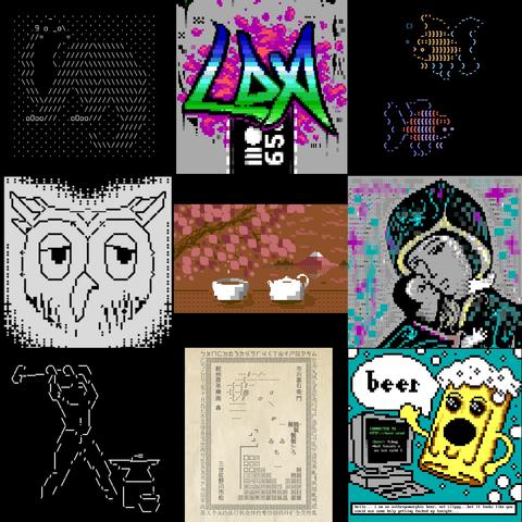a 3x3 grid of thumbnail images shows blocky images, often composed of typographical symbols, depicting animals, people, a graffiti tag, a tea service and a talking class of frothy beer.  (As one does.)