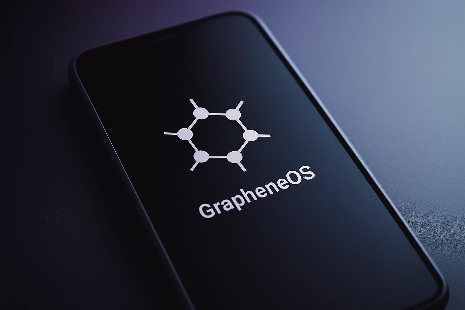 A smartphone displays the GrapheneOS logo, indicating a focus on privacy and security enhancement in mobile devices.