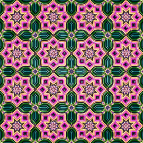 Square tiling with eight-petalled flowers inside octagons with curved, concave edges. Between the octagons are crosses with curved, convex edges. The flowers are yellow, the octagons pink, and the crosses green.