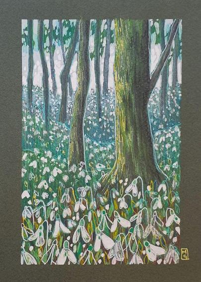 A small colour drawing of a woodland filled with snowdrop flowers, this artwork uses mostly green and white with some blue-green.
An original art work, please note that the frame is not included.
Colour pencil and mixed media on acid free toned artist paper
5 by 7 inches (12.7 by 17.8 cm).