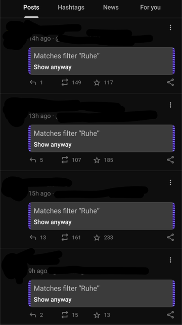 Screenshot meines Mastodon-Feeds der vier Inhaltswarnungen zeigt, da sie mit dem Filter "Ruhe" übereinstimmen. Die Profilbilder und Benutzynamen wurden händisch zensiert.