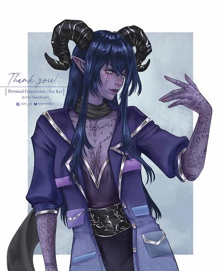 Character design commission of original character OC, draw in Oil Thick coating painterly style full rendered, the dnd character is violet colored skinned Tiefling with curled horns. They have sigils tattoo all over their whole body, wearing the long coat with many pockets, have long muted dark blue hair.

the owner: Kat , art by snowfredel
commission via vgen
#snowfredelart #dnd #fantasy #dndart #ocsky #ttrpg #pf2e #partfinder
#vgen #characterdesign