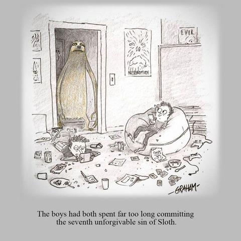 A cartoon illustration of two boys lazily on devices in a very messy room with a scary looking sloth creature staring at them from the hall doorway. Caption reads "The boys had both spent far too long committing the seventh unforgivable sin of Sloth."