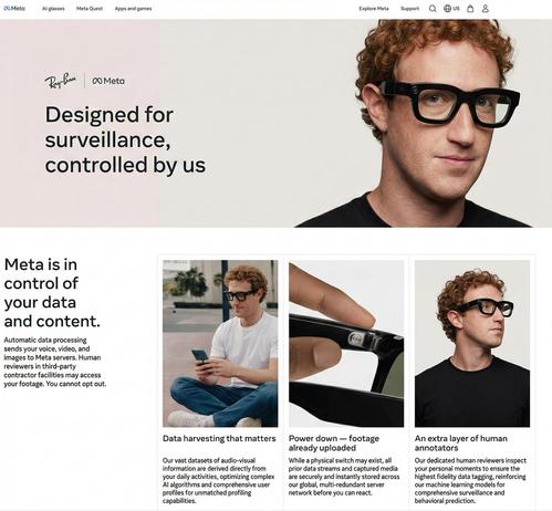 Satirical recreation of Meta's Ray-Ban smart glasses privacy webpage, with Mark Zuckerberg replacing all the models. Hero text reads "Designed for surveillance, controlled by us." Three product panels below show Zuckerberg sitting cross-legged on his phone, a close-up of the glasses camera, and Zuckerberg looking smug — captioned "Data harvesting that matters," "Power down — footage already uploaded," and "An extra layer of human annotators." Body copy states users cannot opt out and that human reviewers in third-party facilities may access their footage. Created for editorial commentary on the gap between Meta's stated privacy promises and documented reality.