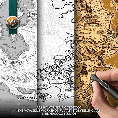 The three stages of my mapmaking process: sketching, inking and colouring.