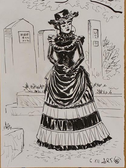 A black-and-white illustration of a woman in a Victorian-style dress with ruffles and a wide-brimmed hat, standing in a cemetery setting near gravestones. The expression is somber, and the scene is surrounded by trees.