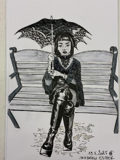 A seated figure with a spiderweb-patterned umbrella, dressed in black clothing with a choker and platform boots. Modern Esther is on a bench, with a serious expression, set against a simple background. The artwork is styled in ink with gray and black