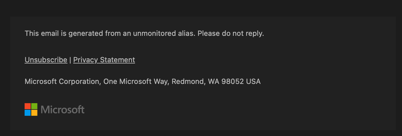A screenshot from a Microsoft email footer with a broken Unsubscribe link