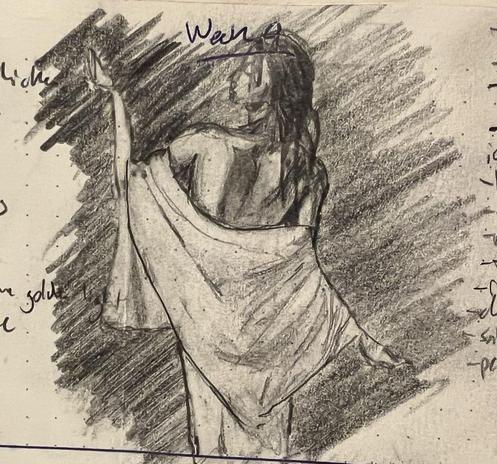 Pencil sketch of a standing woman facing away from the viewer and draped in a white sheet, her back exposed.