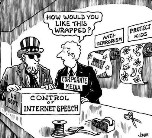 Uncle Sam stands at a store counter with a big box labeled "Control of Internet Speech". A store clerk asks him: "How would you like this wrapped?". Behind him are two rolls of wrapping paper: one features the U.S. flag and stars, and is labelled "Anti-Terrorism", the other shows flowers, suns and cute animal heads, and is labelled "Protect Kids".
On the counter are a pair of scissors, a tape dispenser, and a spool of ribbon.
It's signed "Jonik"