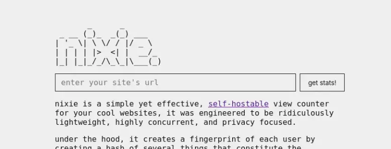 A picture of the nixie homepage, with a new search bar, and the same description as before. A simple view counter service, with a cool ascii art logo.