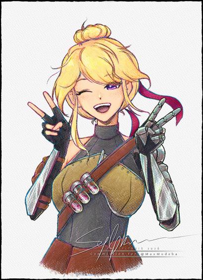 Cute blonde girl makes peace signs at the viewer. Drawn in the style of colored pencils