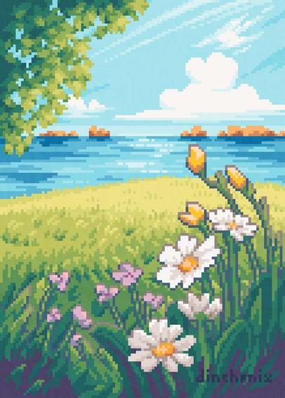 pixel art illustration of a meadow of spring flowers and grass, with the sea in the background