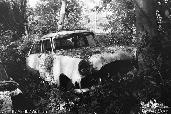A black and white photo shows an abandoned, overgrown vintage car in a forest.