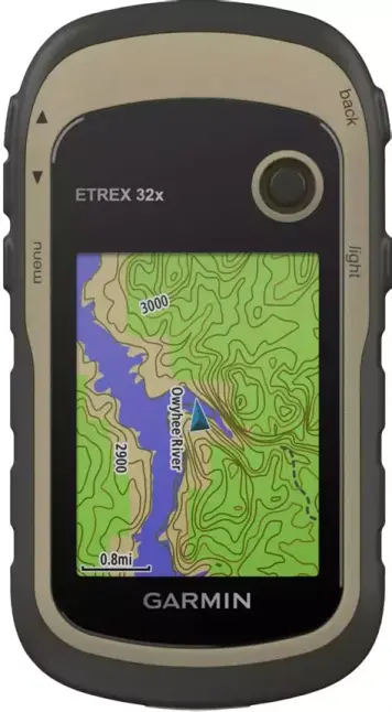 A GPS device with the screen showing a green river valley