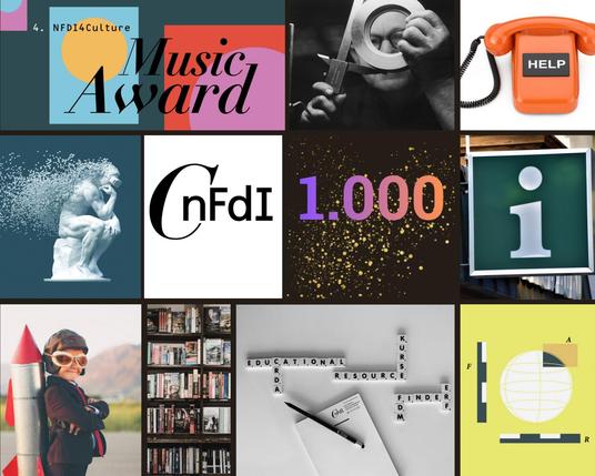 Fotocollage anlässlich des Erreichens der 1000-FollowerInnen-Marke auf Mastodon. Verschiedene NFDi4Culture-Dienste sind anhand von Grafiken abgebildet, unter anderem der Helpdesk oder der NFDI4CultureMusicAward.