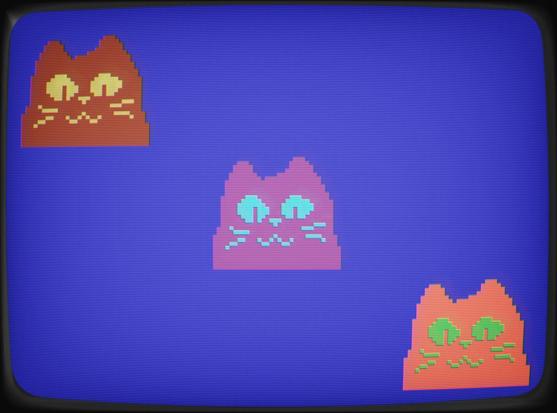 a crt filter over a pixely image from an MSX emulator showing 3 hand drawn cat sprites. the cats are red with yellow eyes, magenta with cyan eyes, and peach with green eyes.
the cats are looking down, and one eye is squinting slightly, the ends of two whiskers are frayed in a curl. he is going to eat you.
well its more like 24 sprites? each cat is a 2x2 grid of 1bit colored sprites, and a set of those for the base color, and a second for the eyes/mouth/booper/whiskers.