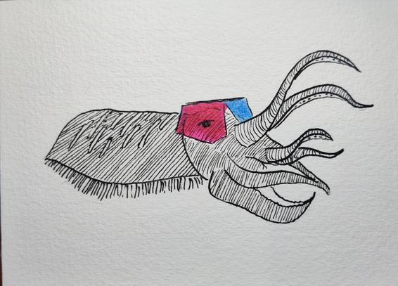 An ink drawing of a cuttlefish wearing 3D glasses.