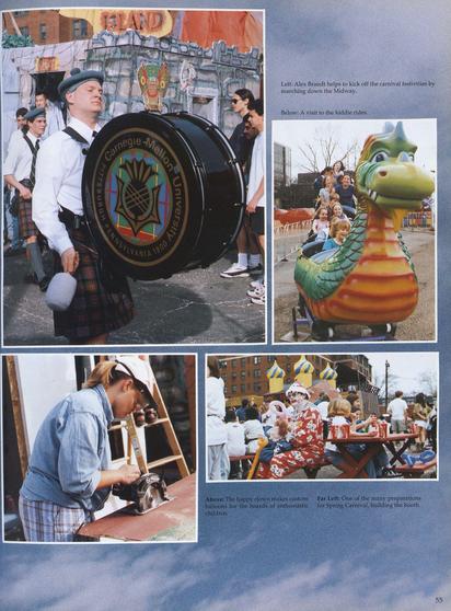 Part of a double-page spread about Spring Carnival showing photos, including a Kiltie Band member and someone with a large papier-mache dragon