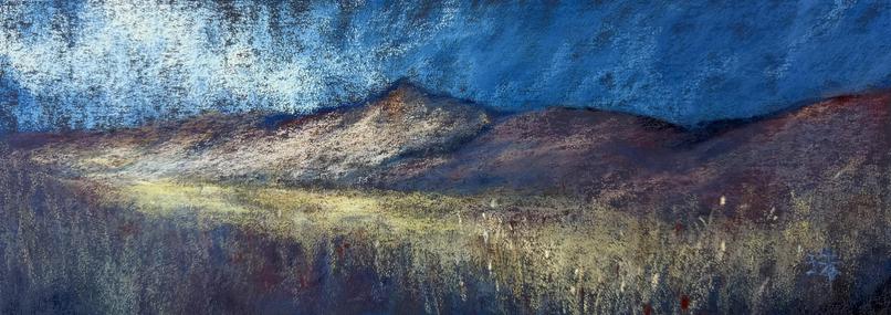 A wide-angle pastel landscape painting of a mountain range under cold, moody sky. A part of the mountain and the grasses in the foreground are lit by the sunlight.