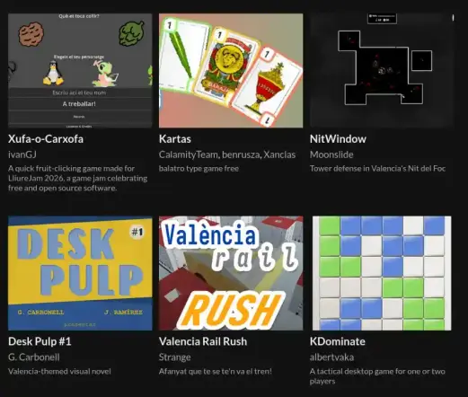 A grid showing six indie game submissions for the LliureJam 2026 game jam. Each entry features a gameplay thumbnail, title, developer name, and a short description. The games shown are Xufa-o-Carxofa, a fruit-clicking game with open-source mascots; Kartas, a card-based game; NitWindow, a tower defense set in Valencia; Desk Pulp #1, a visual novel; Valencia Rail Rush, a train-themed game; and KDominate, a tactical grid-based strategy game. The collection highlights a mix of Valencian culture and open-source software themes.