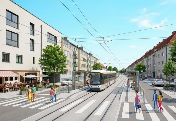 KI-Generierte Visualisierung einer Linzer Straßenbahn in einer Haltestelle.