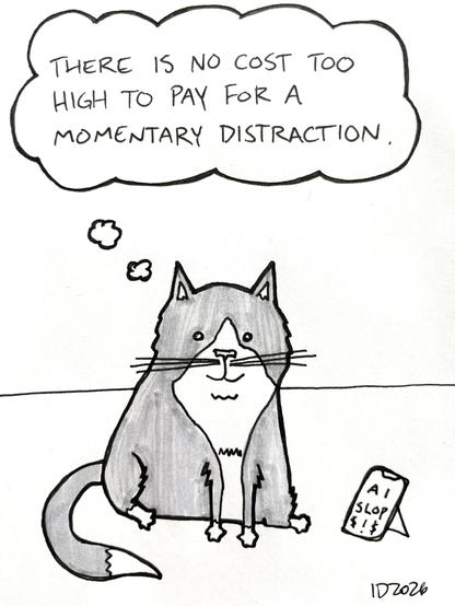 a fluffy gray tuxedo cat stares at a propped up phone displaying "AI slop $!$" and thinks "there is no cost too high to pay for a momentary distraction."