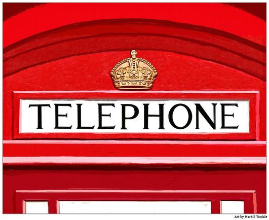 Digital artwork showing the top part of a British red telephone booth or phone box. The gold crown is visible below the curved roof and over the telephone sign. The very top of the door glass is visible.