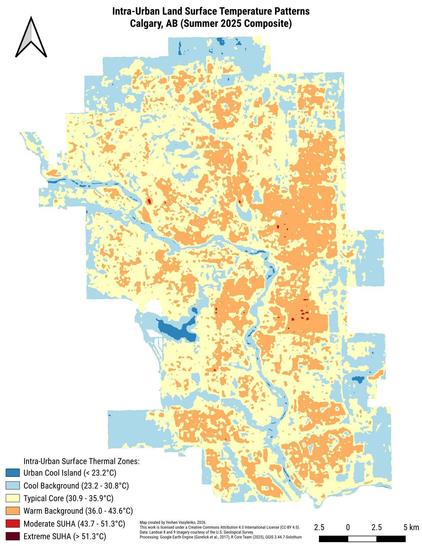 Intra-Urban Land Surface Temperature Patterns. Calgary, Alberta (Summer 2025 Composite)