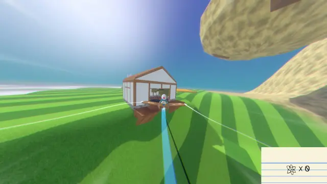 Screenshot of the player flying near a house with a large door and a cable coming out of it