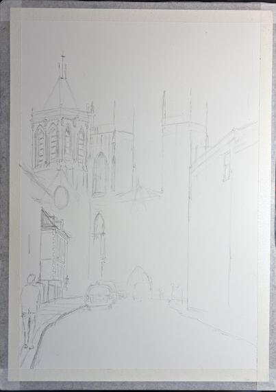 An unfinished pencil sketch depicting a street scene featuring buildings with architectural details, a person walking, and cars on the road. The skyline includes several church towers in the background.