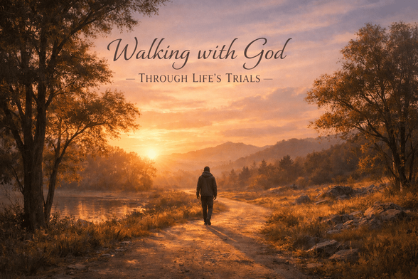 A peaceful nature path at dusk with soft light filtering through trees, symbolizing a journey of faith and resilience.