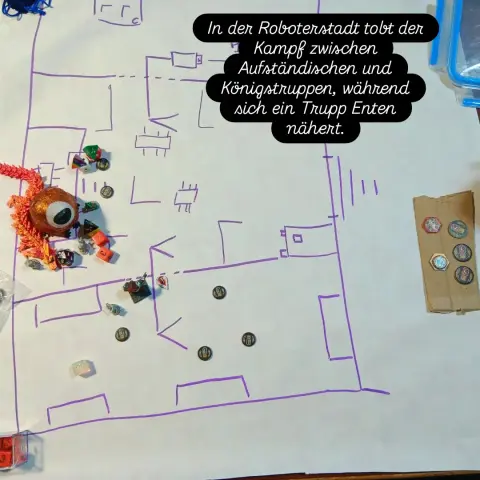 Grundriss der Roboterstadt mit Pöppeln, Minis, Countern und Spielzeugfiguren.