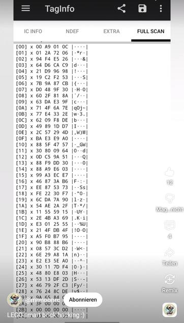 Hex dump of the NFC tag's content of the Smart Minifig just mentioned before